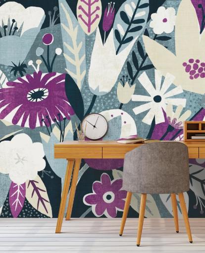 Purple, White and Blue Floral Wallpaper