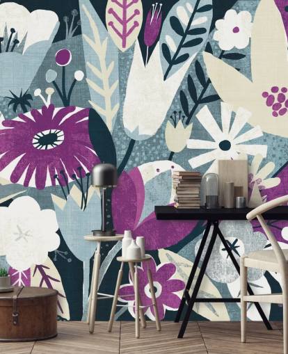 Papier Peint Floral Violet, Blanc et Bleu