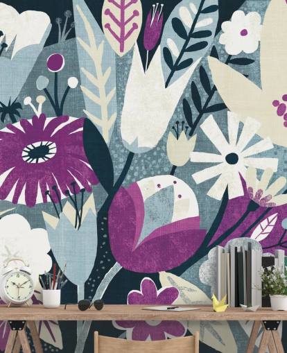 Purple, White and Blue Floral Wallpaper