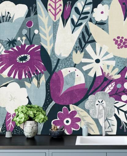 Purple, White and Blue Floral Wallpaper