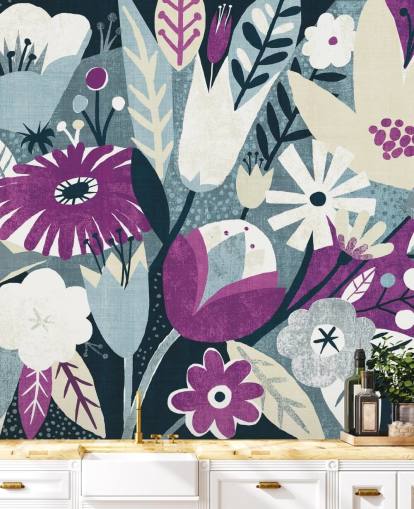 Papier Peint Floral Violet, Blanc et Bleu