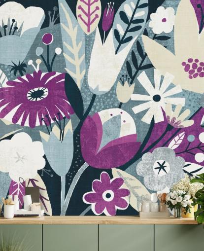 Paars, wit en blauw bloemenbehang Paars, wit en blauw bloemenbehang