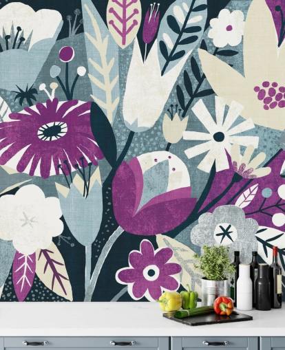 Papel de parede floral roxo, branco e azul