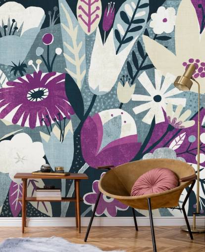 Purple, White and Blue Floral Wallpaper