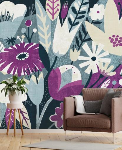Papel de parede floral roxo, branco e azul