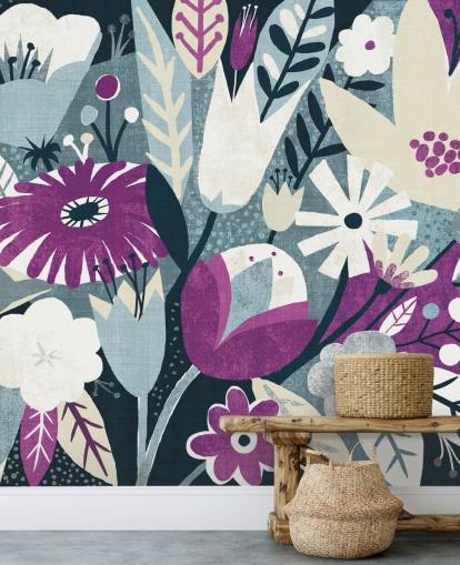 Lila, weiße und blaue Blumentapete Lila, weiße und blaue Blumentapete