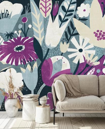 Papel pintado floral morado, blanco y azul
