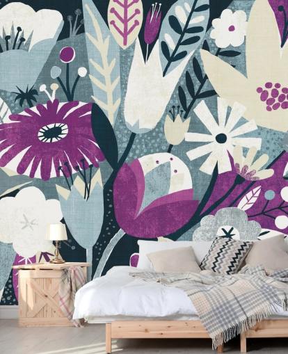 Paars, wit en blauw bloemenbehang Paars, wit en blauw bloemenbehang