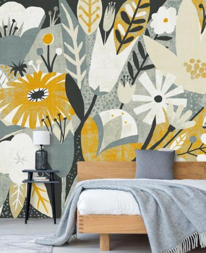 mustard,blue and white floral pattern wallpaper