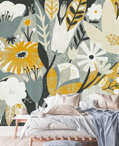 mustard,blue and white floral pattern wallpaper