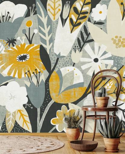 mosterd, blauw en wit bloemenpatroon behang mosterd, blauw en wit bloemenpatroon behang