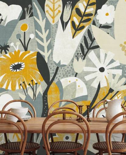 mustard,blue and white floral pattern wallpaper