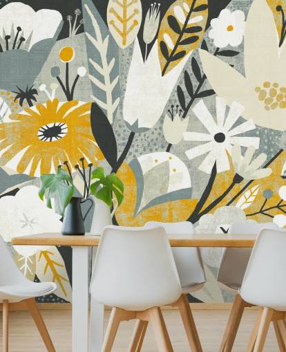 papier peint à motifs floraux moutarde, bleu et blanc