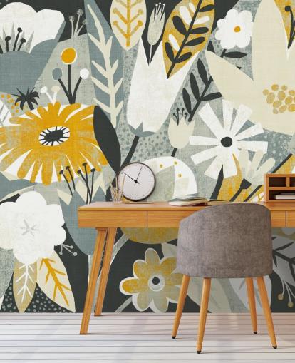 mosterd, blauw en wit bloemenpatroon behang