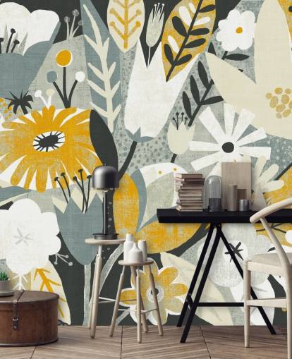 papier peint à motifs floraux moutarde, bleu et blanc
