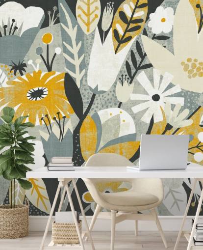 mustard,blue and white floral pattern wallpaper