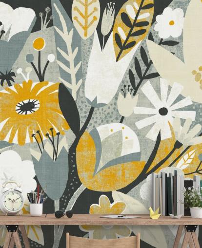 mustard,blue and white floral pattern wallpaper