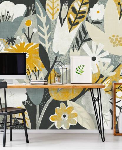 papel de parede padrão floral mostarda, azul e branco papel de parede padrão floral mostarda, azul e branco