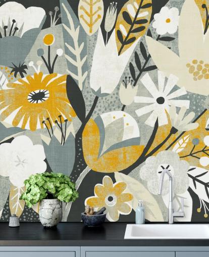 papel pintado de flores mostaza, azul y blanco