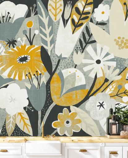 sennep, blå og hvit blomstermønster tapet