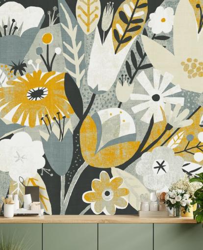 papier peint à motifs floraux moutarde, bleu et blanc