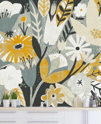 papel de parede padrão floral mostarda, azul e branco