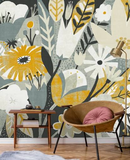 papel pintado de flores mostaza, azul y blanco