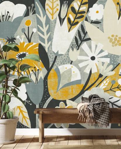 mustard,blue and white floral pattern wallpaper