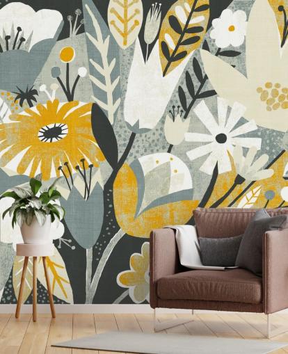 papel de parede padrão floral mostarda, azul e branco