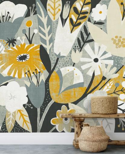 senap, blått och vitt blommönster tapeter senap, blått och vitt blommönster tapeter