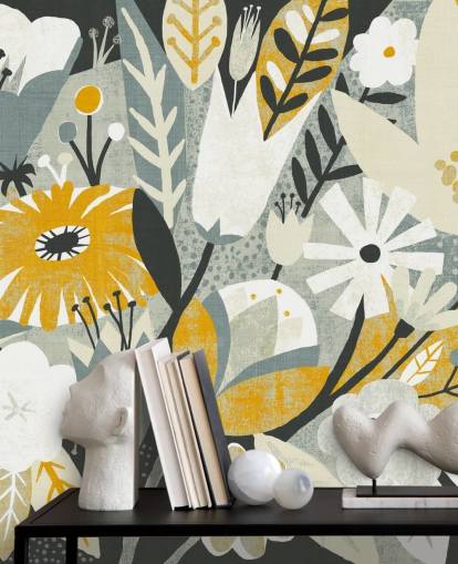 papel de parede padrão floral mostarda, azul e branco