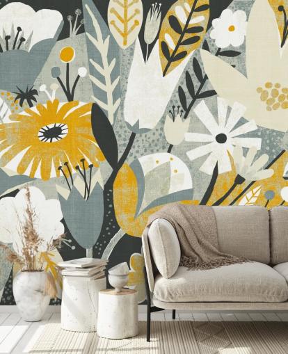 mustard,blue and white floral pattern wallpaper