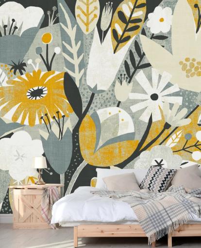 mustard,blue and white floral pattern wallpaper