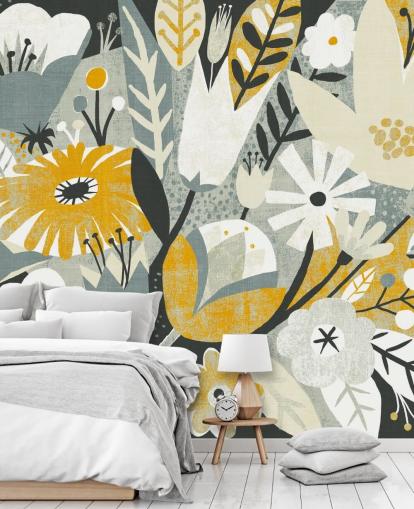 mustard,blue and white floral pattern wallpaper