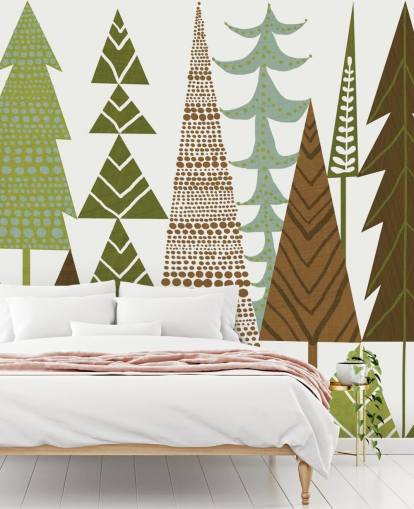 Carta da parati con foresta astratta verde e marrone