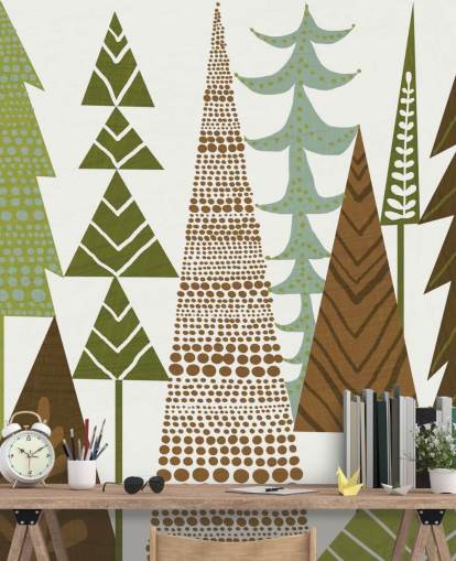 Carta da parati con foresta astratta verde e marrone