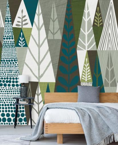 Geometrische groene bomen muurschildering behang