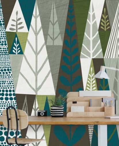 Geometrische groene bomen muurschildering behang
