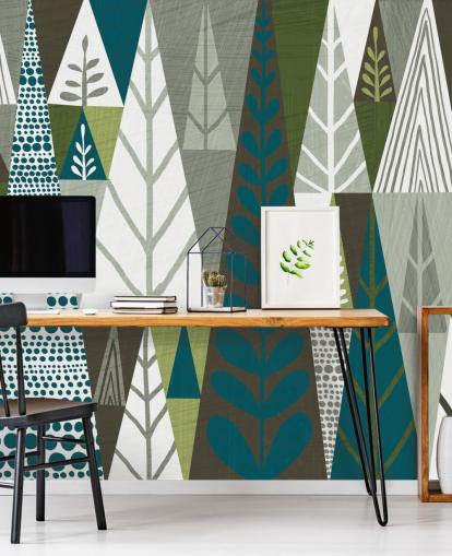 Geometriske grønne træer Mural Baggrund