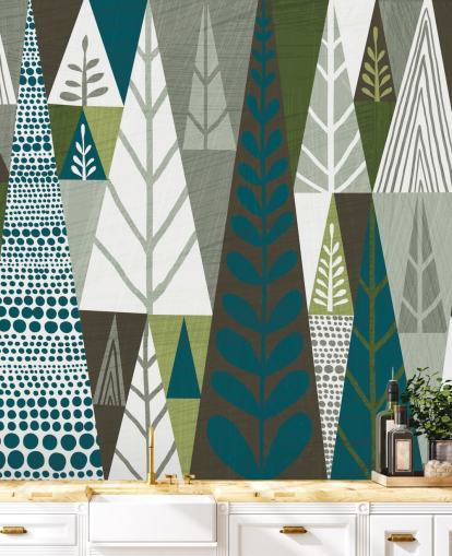 Papel de parede mural geométrico verde árvores