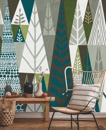 Geometrische groene bomen muurschildering behang