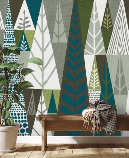 Papel de parede mural geométrico verde árvores