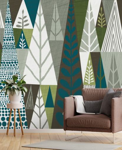 Geometric Green Trees Mural Wallpaper Geometric Green Trees Mural Wallpaper