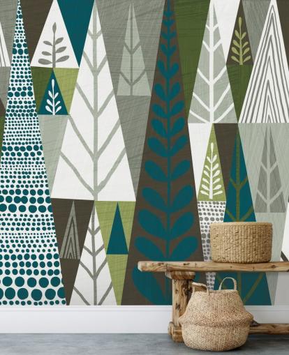 Geometric Green Trees Mural Wallpaper Geometric Green Trees Mural Wallpaper