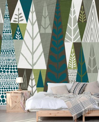Papel de parede mural geométrico verde árvores