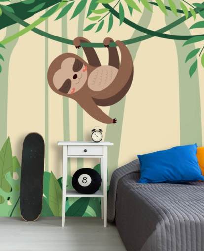 Sloth in jungle hangs on branch tropic forest wallpaper mural