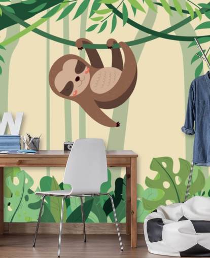 Sloth i djungeln hänger på gren tropisk skog tapetväggmålning