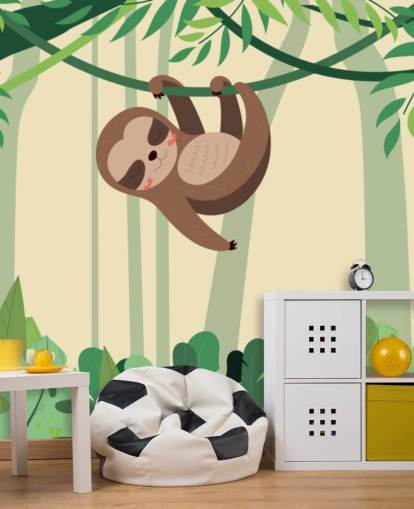 Preguiça na selva está pendurada em um galho, mural de papel de parede de floresta tropical