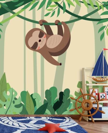 Carta da parati murale con bradipo nella giungla appeso a un ramo della foresta tropicale