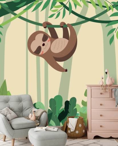 Mural de papel pintado Un perezoso en la jungla cuelga de una rama de bosque tropical